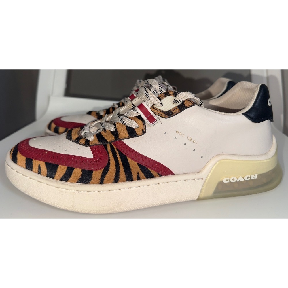 Coach CitySole Court Sneakers White Leather Tiger Print Calf Hair Red size 7 - Picture 4 of 14